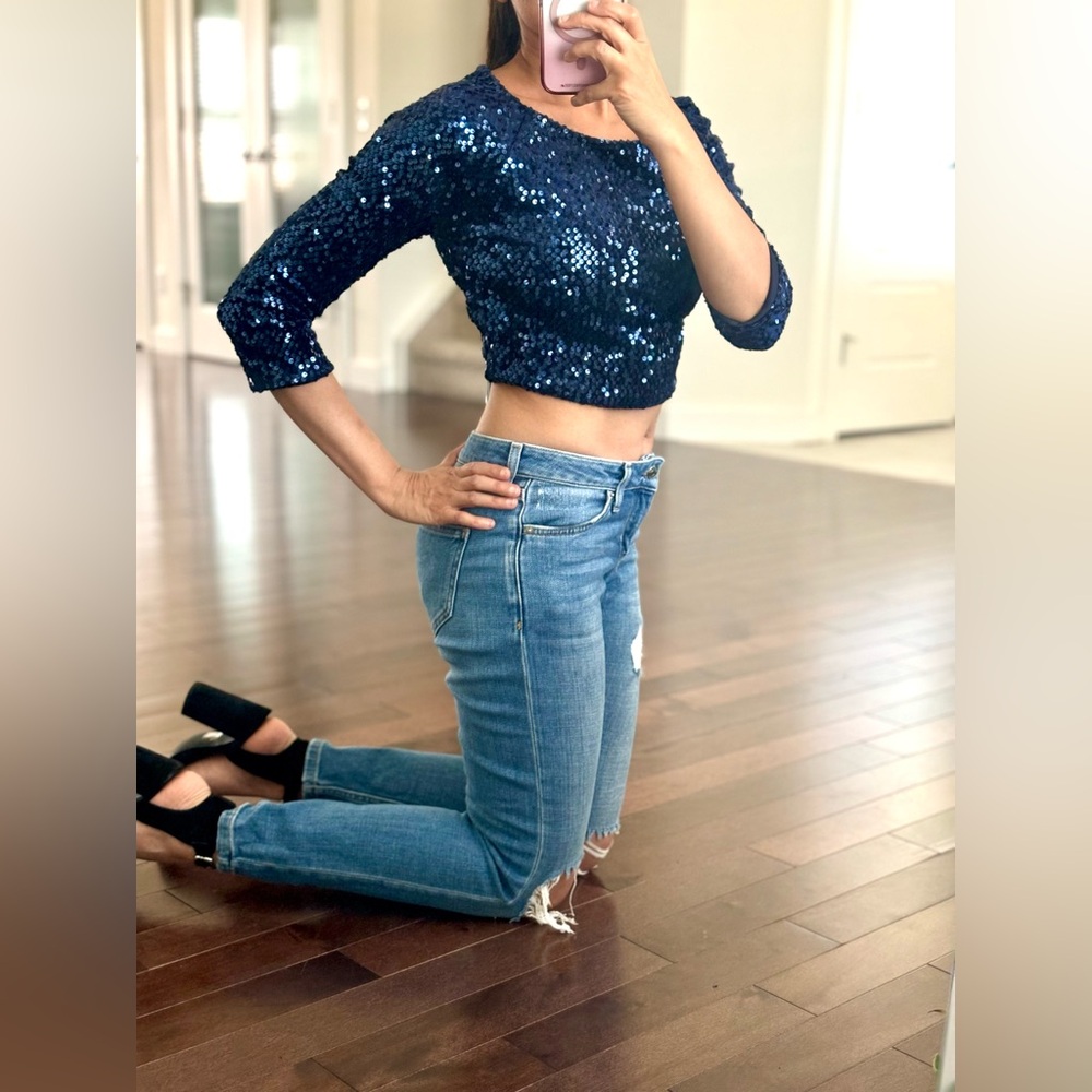Forever 21 navy blue sequin crop top, size S, tight-fitting & stretches.